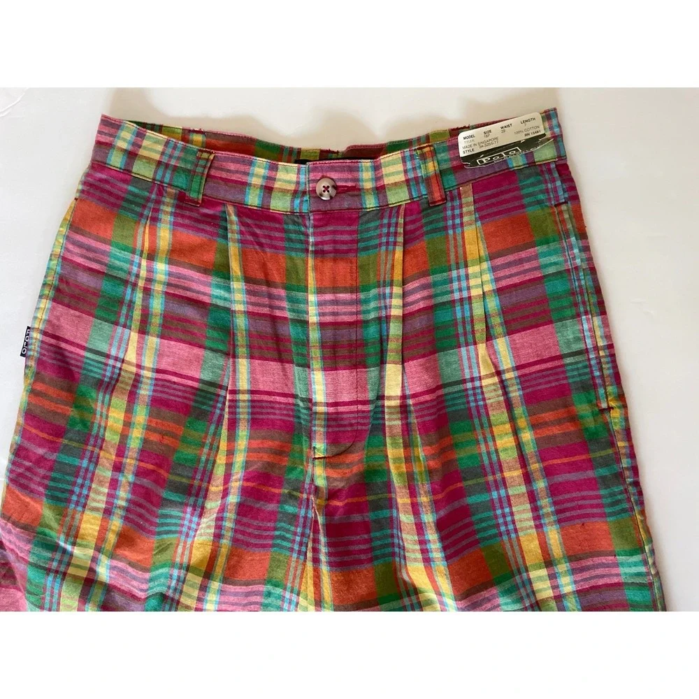 VTG Polo Ralph Lauren Tyler Madras Plaid Shorts Multi Pleated Cotton 18 Prep/29